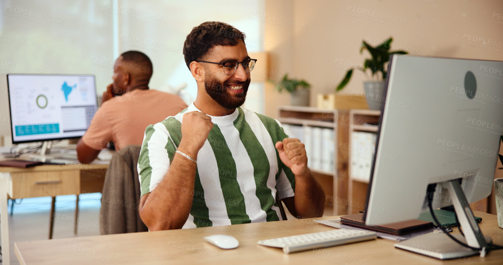 Buy stock photo Fist pump, celebration and creative man for consultant, target and good news. Winner, sales agent and promotion for b2b success, startup deal and media project management approval or bonus goal