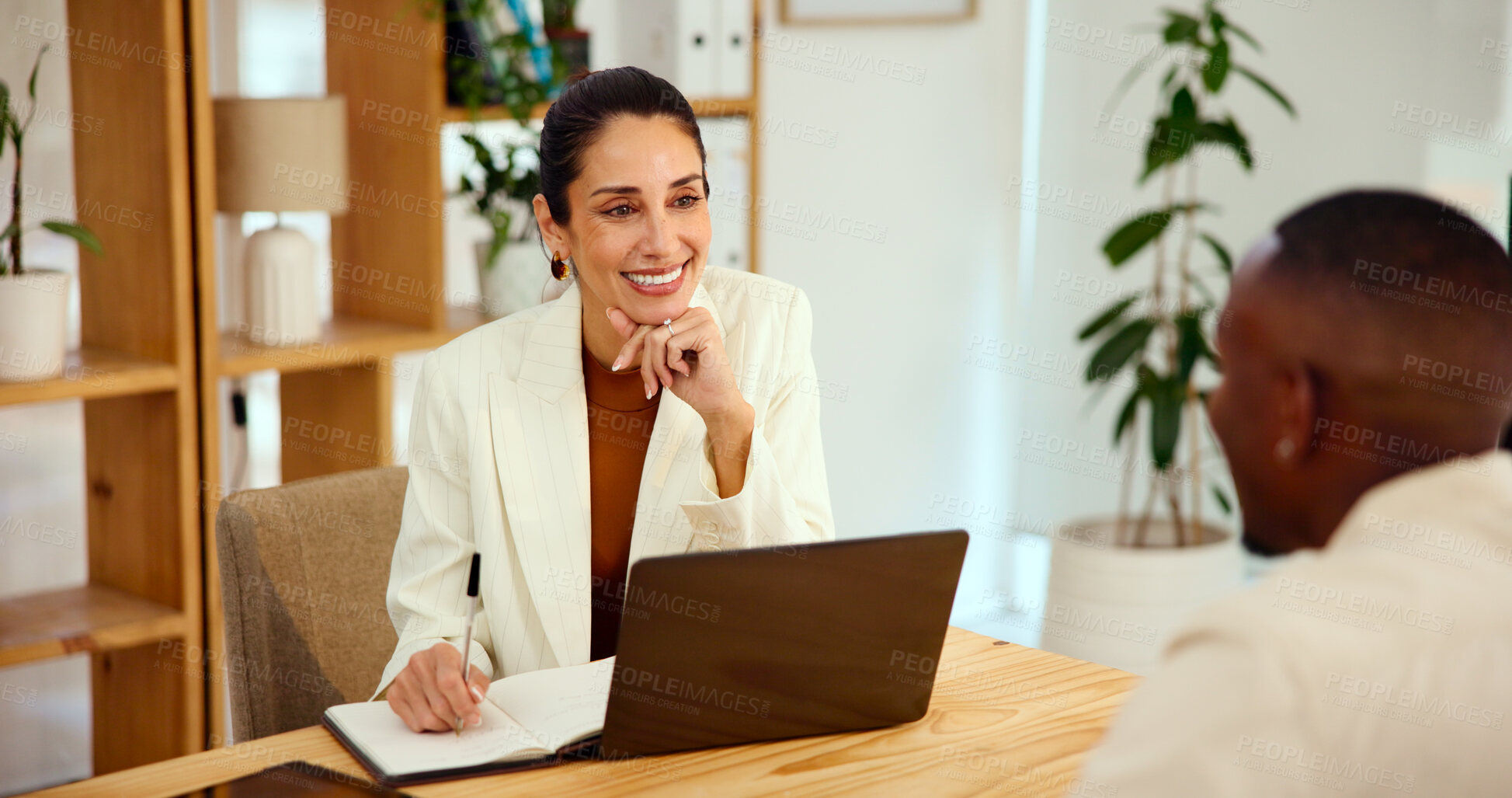 Buy stock photo Consultant, meeting and smile with woman with client in office for interior design brief, planning and feedback. Property layout, creative project and timeline with people for real estate renovation