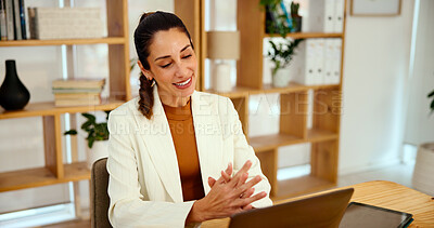 Buy stock photo Video call, woman and laptop in office for virtual interview, meeting or online discussion. Applicant, female HR officer and communication for contract information or job requirements in webinar