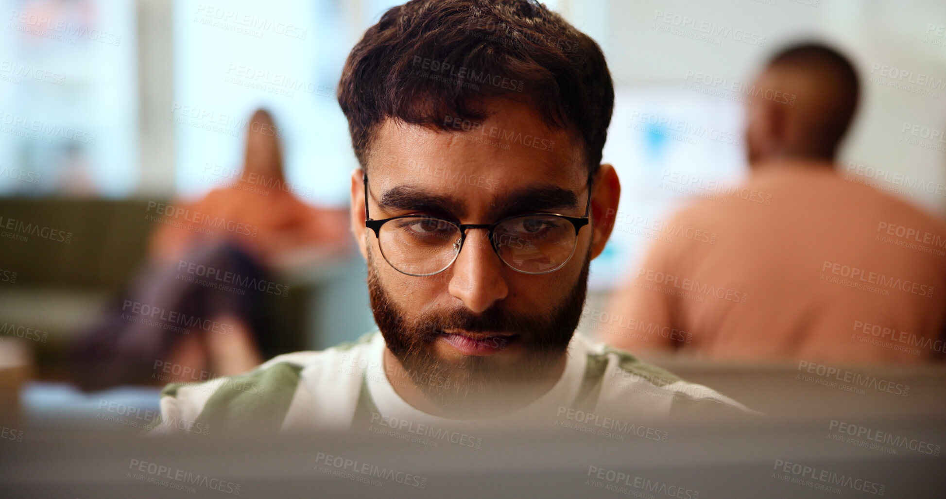 Buy stock photo Business, thinking and man with computer, online reading and ideas for creative project. Person, copywriting and employees in modern office, pc and research for article, problem solving and solution