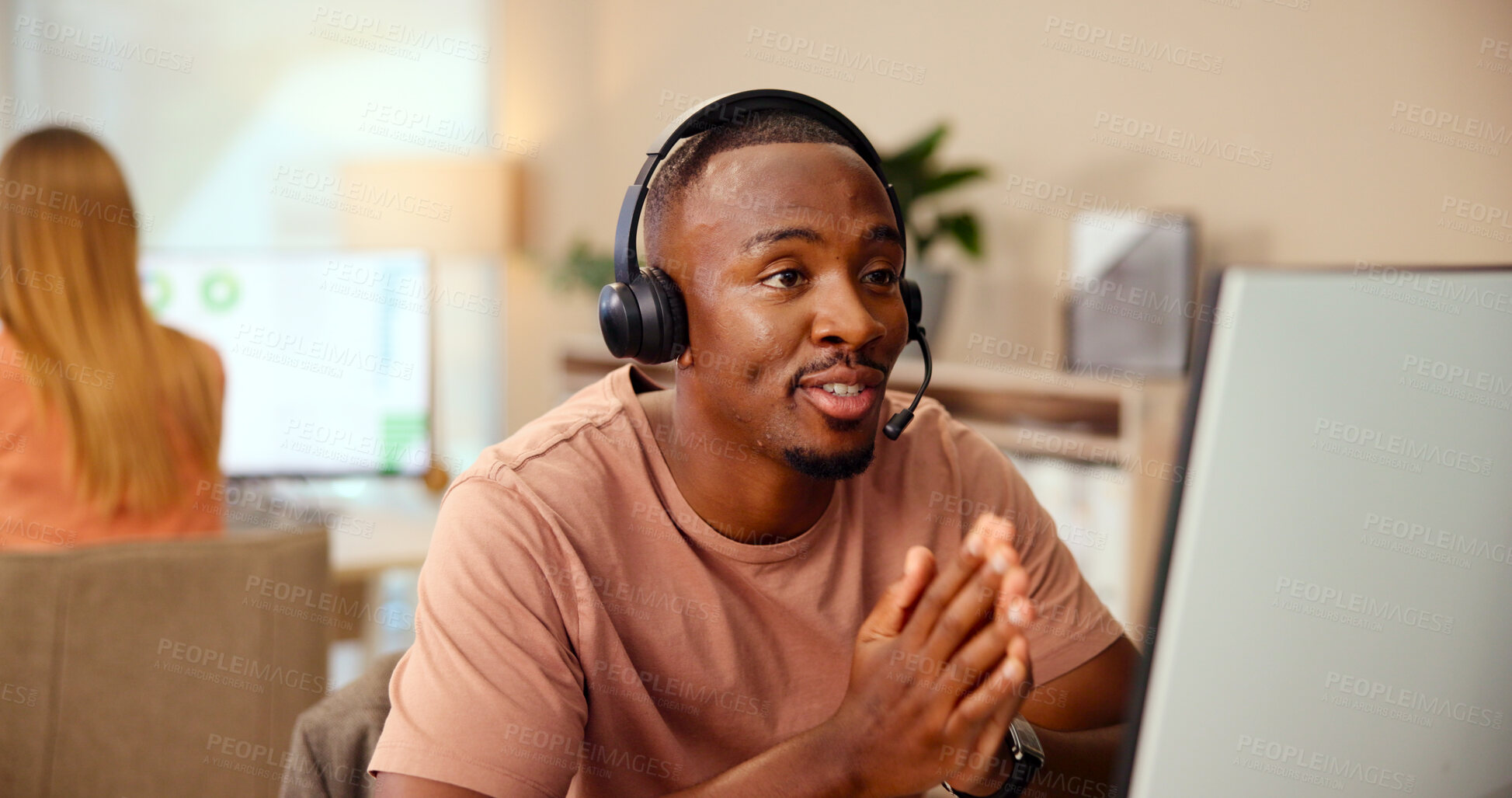 Buy stock photo Computer, answer or man consulting in customer service, telecommunication and contact support. Coworking, lead generation or virtual assistant talking on PC for inbound sales, call center or question