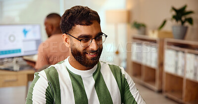 Buy stock photo Creative, thinking and business man planning with insight, problem solving and vision. Idea, solution and happy worker with inspiration, mindset and reflection with target market for ads in startup