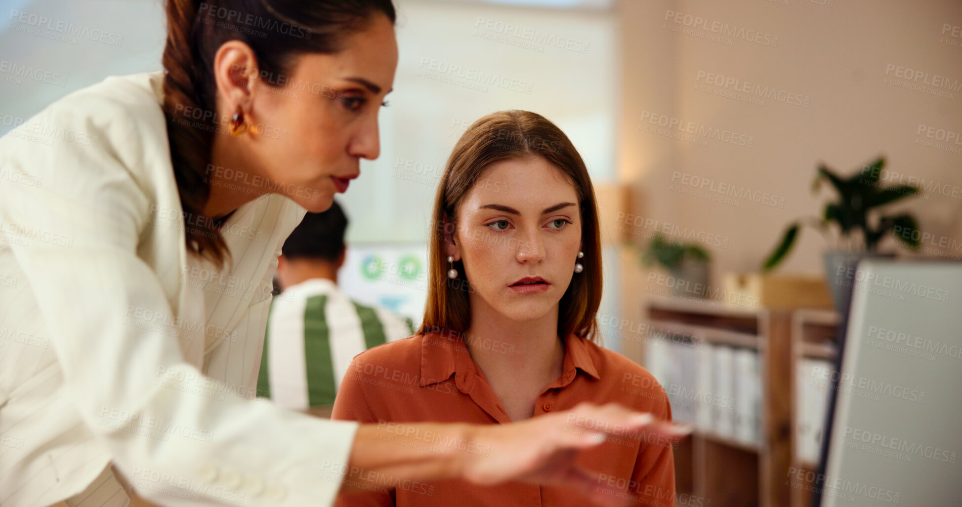 Buy stock photo Business, woman and mentor explain with computer of administration, data entry advice and feedback. People, talking and online with discussion, manager support and reading report for proposal opinion