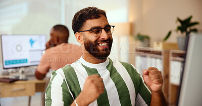 Buy stock photo Fist pump, success and creative man for consultant, target and good news. Winner, sales agent and promotion for b2b celebration, startup deal and media project management approval or bonus goal