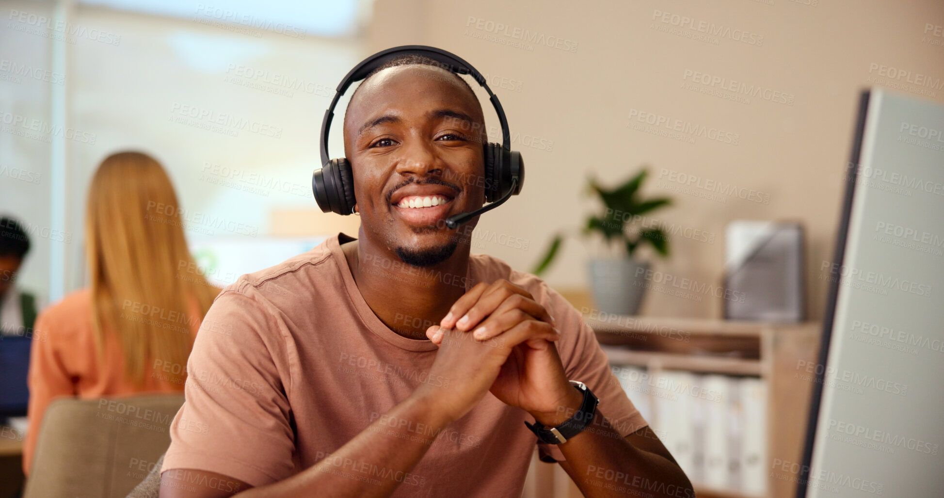 Buy stock photo Computer, portrait or happy man consulting in customer service, telecommunication and contact support. Coworking, lead generation or virtual assistant with PC for inbound sales, call center or CRM