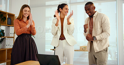 Buy stock photo Applause, laptop and meeting with business people in office for financial celebration or success. Administration, collaboration and investment with happy employee team clapping in workplace for deal