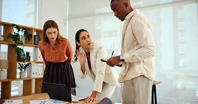 Buy stock photo Administration, laptop and meeting with business people in office for financial analysis or planning. Collaboration, documents and investment with employee team in workplace for strategy workshop