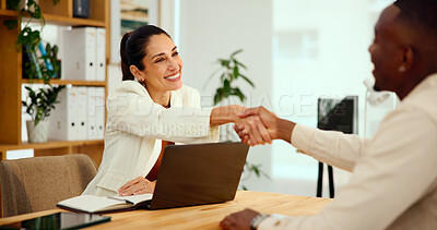 Buy stock photo Handshake, woman and laptop in office for interview, meeting or onboarding discussion. Applicant welcome, female HR officer and communication for contract information or job requirements in agency