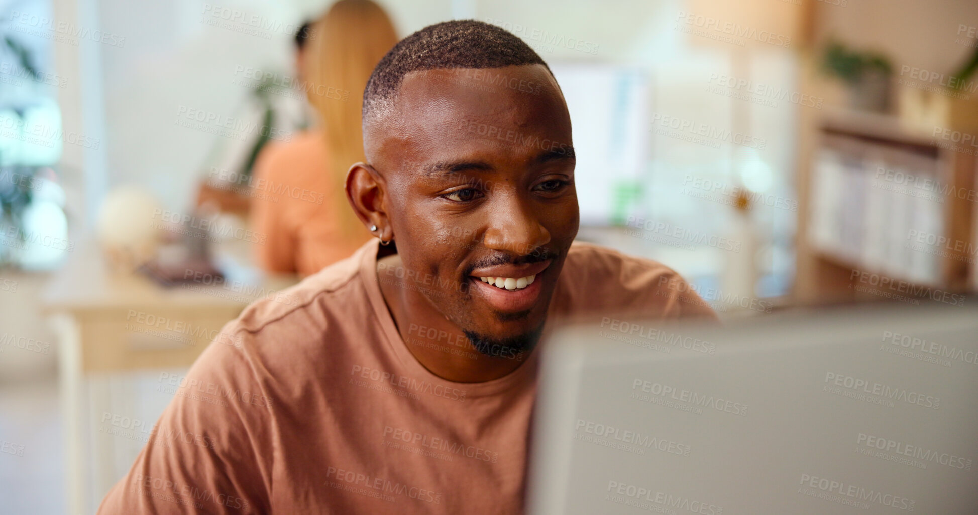 Buy stock photo Thinking, creative business and happy man on computer in startup for research, inspiration or solution. Copywriter, online and working on project, planning and insight with article on social media