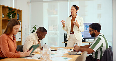 Buy stock photo Woman, presentation and group at startup with monitor, map and planning with charts for sustainability. People, speaker and team with documents, info and problem solving at climate consulting agency