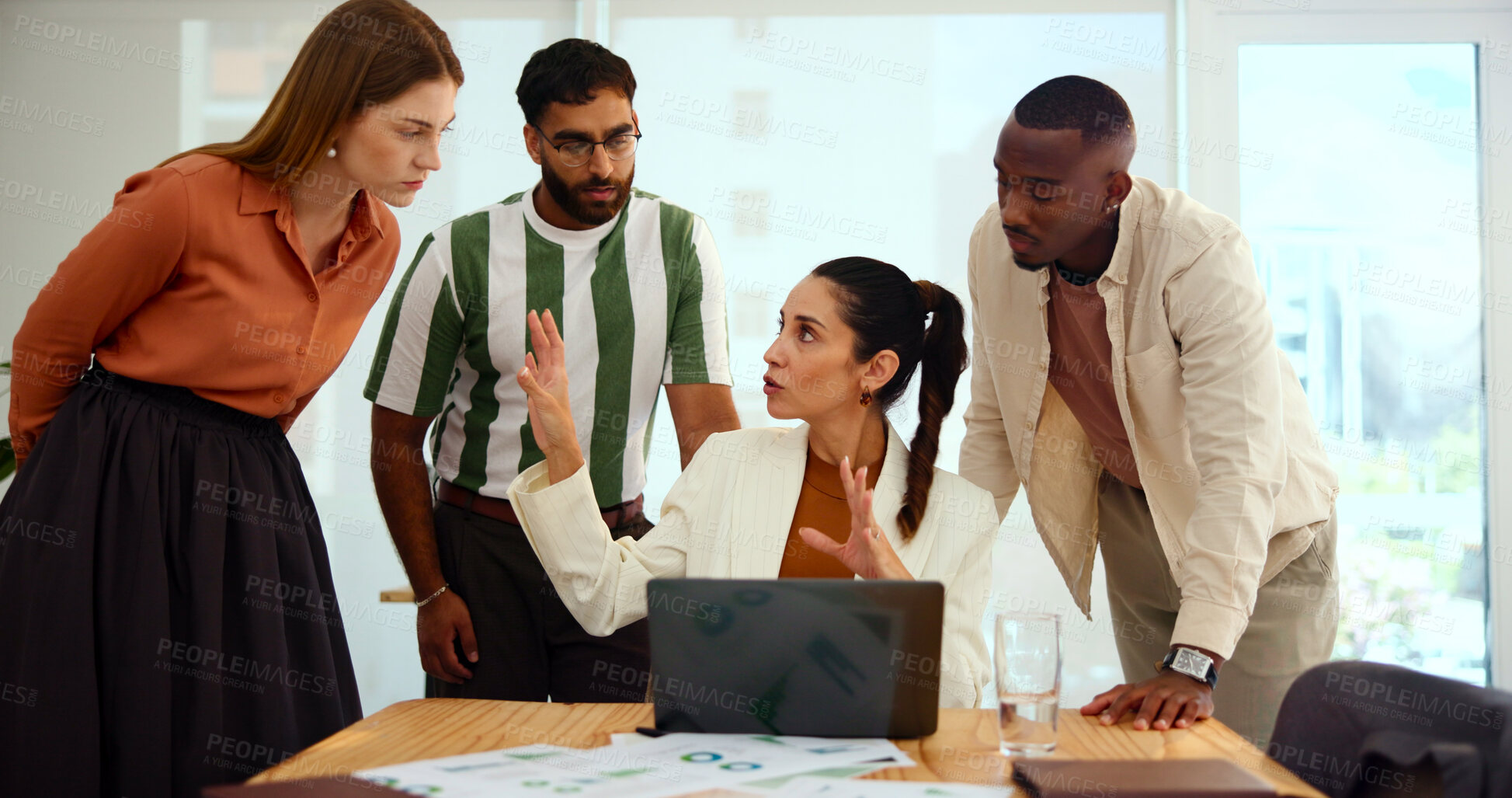 Buy stock photo Teamwork, laptop and business people in office, conversation and planning for press release. Group, employees and magazine editor in workplace, pc and feedback for layout, advice and review article