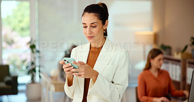 Buy stock photo Smile, business and woman with phone in office of trading, stock market research and cryptocurrency. Female person, mobile and website for financial updates, investment report and account negotiation