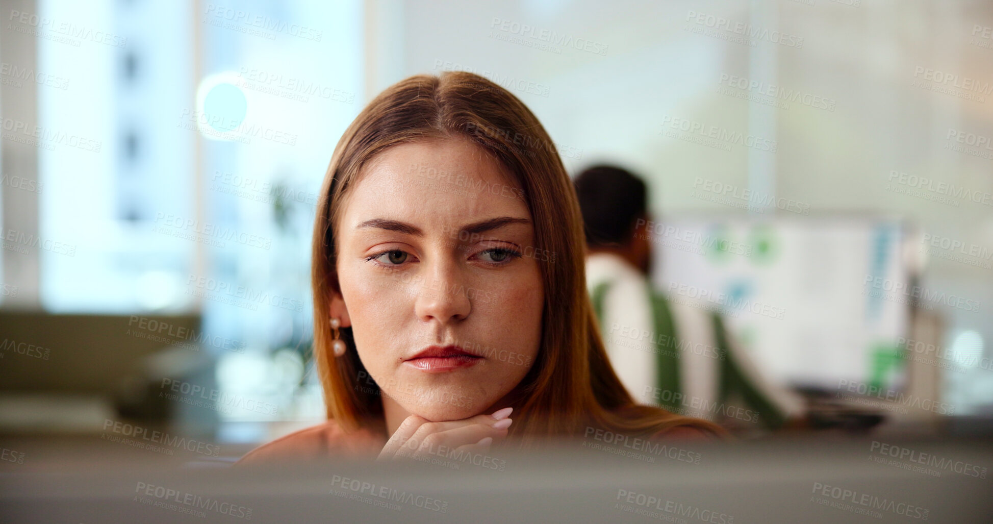 Buy stock photo Business, thinking and woman in office, computer and planning for press release. Person, copywriting and employees with pc, ideas and research for article, journalist and solution in workplace