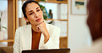 Consultant, meeting and listening with woman with client in office for interior design brief, advice or feedback. Property layout, creative project and timeline with people for real estate renovation