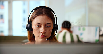 Buy stock photo Woman, headset and tech in office for customer service, telemarketing and assistance. Sales agent, computer and reading in coworking space for insurance claims, company FAQ and call center schedule