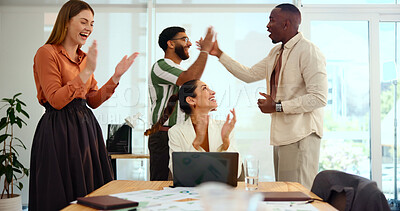 Buy stock photo Applause, high five and laptop with business people in office for celebration of financial success. Computer, investment and motivation with employee team clapping in workplace for goals or target