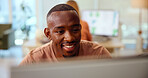 Reading, creative business and happy man on computer in startup office, research and story idea. Copywriter, online and working on project, planning or insight for article on social media platform
