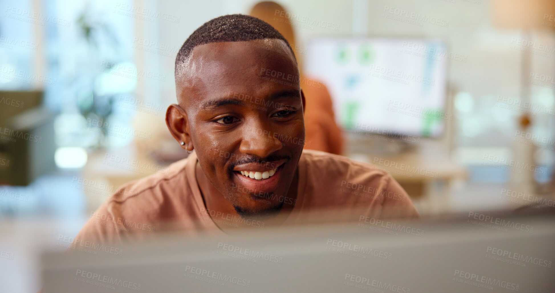Buy stock photo Reading, creative business and happy man on computer in startup office, research and story idea. Copywriter, online and working on project, planning or insight for article on social media platform