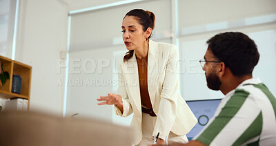 Buy stock photo Woman, presentation and team at startup with discussion, info or charts for growth at media company. People, speaker and staff with monitor, talk or problem solving for project at creative agency