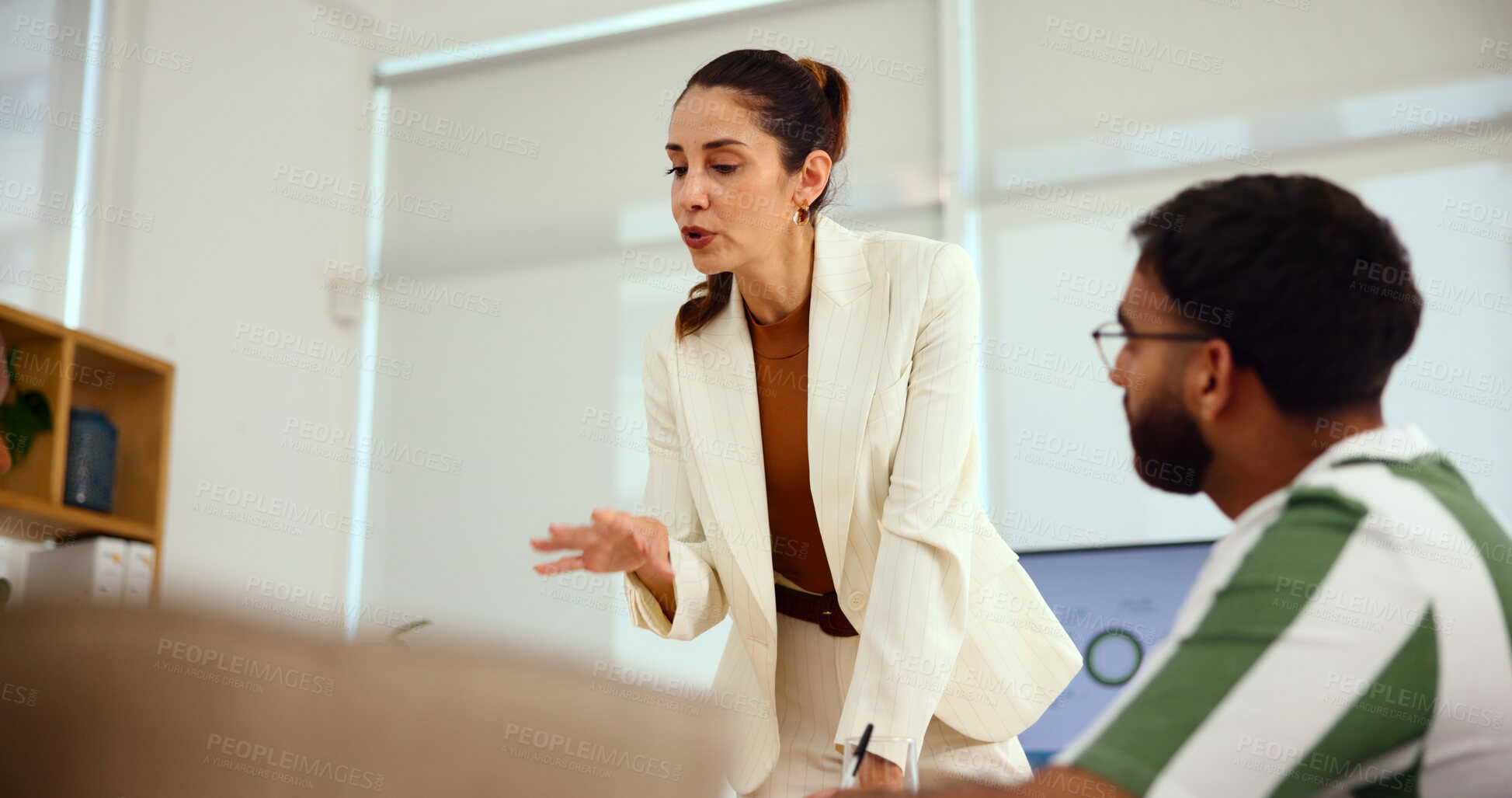 Buy stock photo Woman, presentation and team at startup with discussion, info or charts for growth at media company. People, speaker and staff with monitor, talk or problem solving for project at creative agency