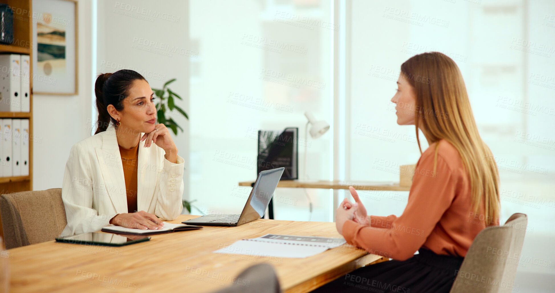 Buy stock photo Talking, meeting and planning with woman with client in office for interior design brief, consulting or feedback. Property layout, creative project and timeline with people for real estate renovation