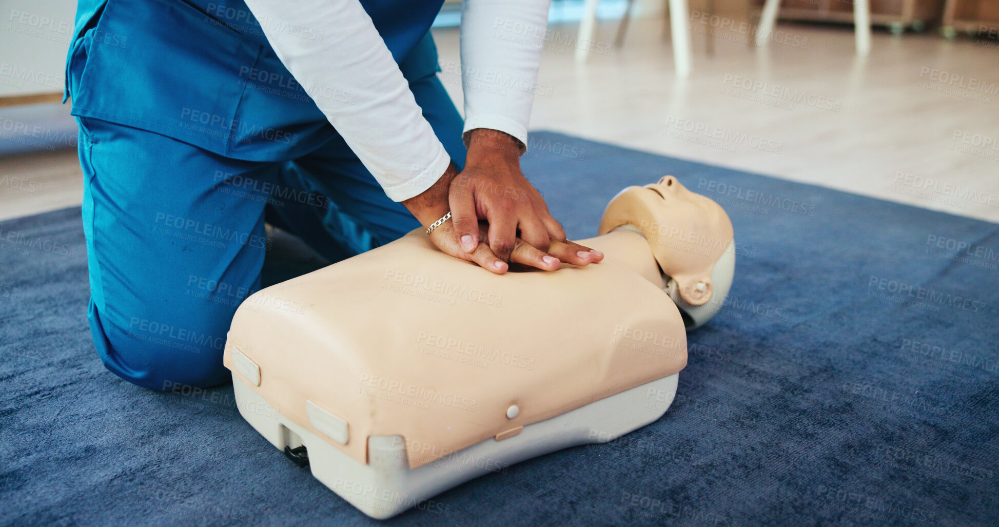 Buy stock photo Nurse, cpr or hands of person with mannequin for first aid help, cardiac arrest or safety protocol. Healthcare class, medical simulation or heart attack rescue in paramedic course or nursing study