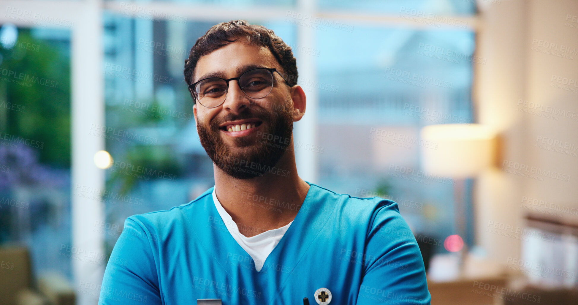 Buy stock photo Portrait, man and nurse with pride at hospital of healthcare services, medical advice and ambition. Smile, male person and arms crossed with career integrity, wellness support and diagnosis treatment
