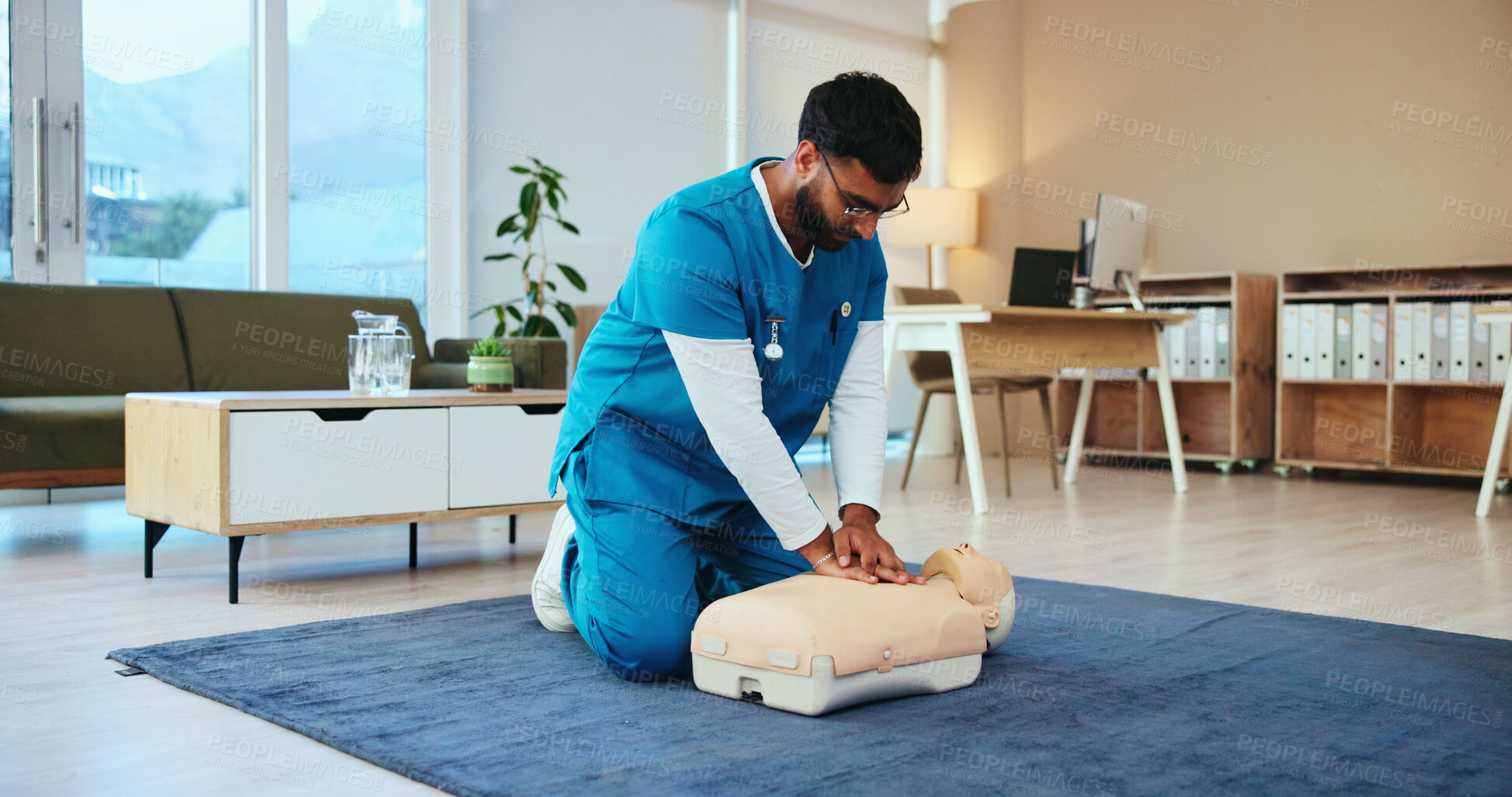 Buy stock photo Nurse, cpr or man training with mannequin for first aid practice, cardiac arrest or safety protocol. Healthcare class, medical simulation or heart attack rescue in paramedic course or nursing school