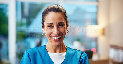 Buy stock photo Healthcare, doctor and happy in hospital for portrait, pride and public service with smile. Mature woman, medical expert and excited in clinic with career opportunity, about us and friendly attitude