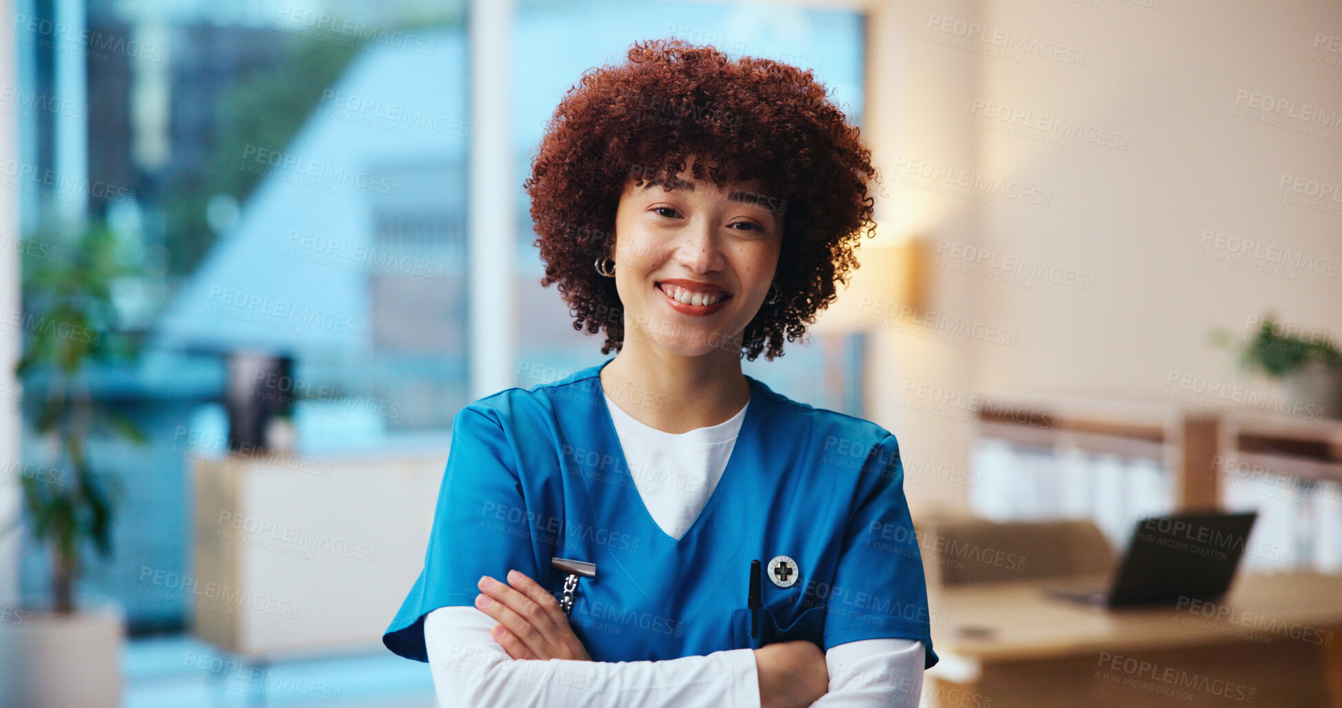 Buy stock photo Healthcare, nurse and portrait in clinic with confidence, pride and public service with smile. Woman, medical assistant and arms crossed in hospital with experience, about us and friendly attitude