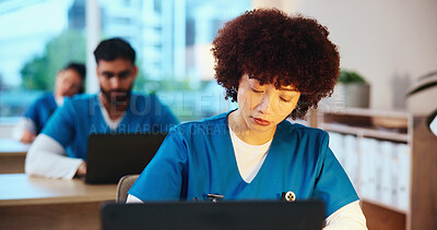 Buy stock photo Healthcare, students and doctors with test, laptop or knowledge of diseases, typing and classroom. Education, learning and people with info for medicine, serious and skills for residency in clinic