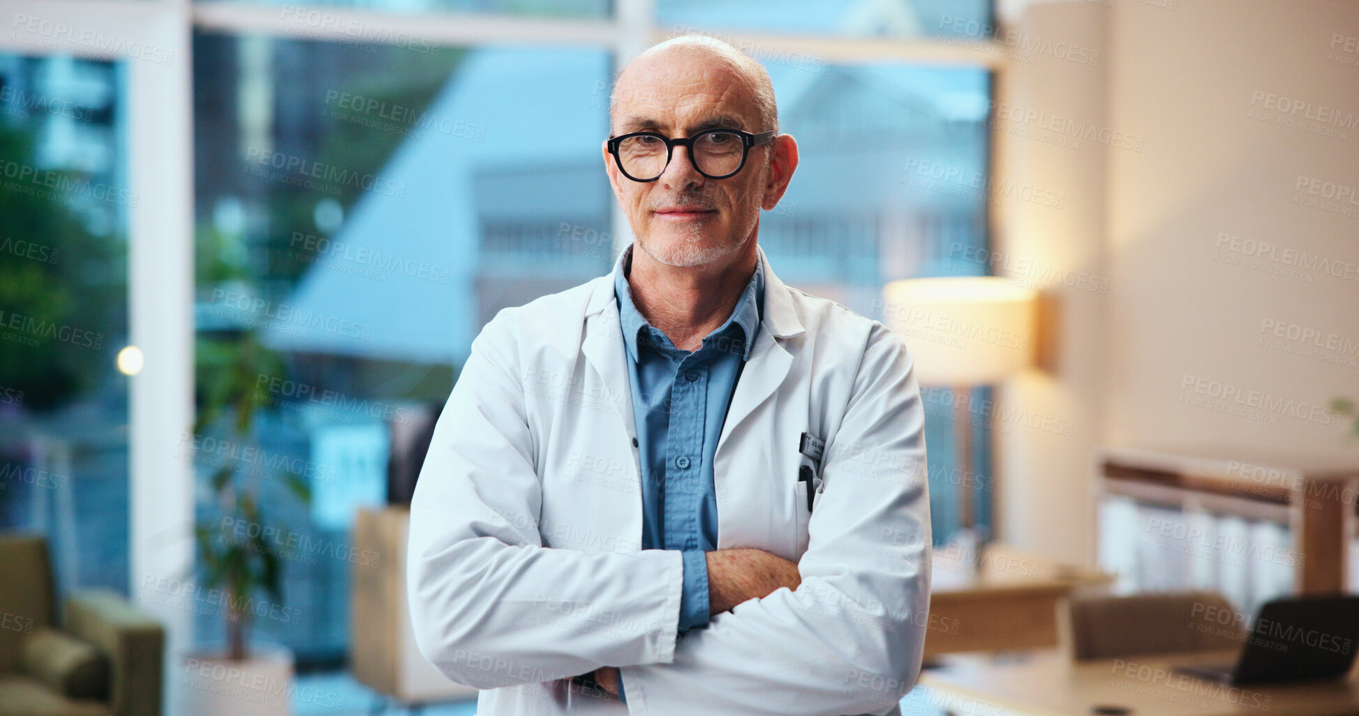 Buy stock photo Healthcare, surgeon and portrait in hospital with confidence, pride and public service with smile. Mature man, medical expert and arms crossed in clinic with experience, about us or friendly attitude