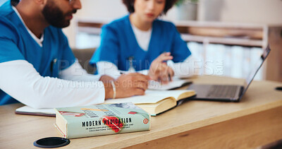 Buy stock photo Healthcare, students and studying for test, book and knowledge of diseases, teamwork and classroom. Education, learning and people with info for medicine, doctors or research for residency in clinic