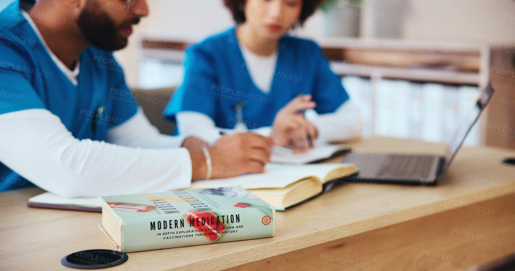 Buy stock photo Healthcare, students and studying for test, book and knowledge of diseases, teamwork and classroom. Education, learning and people with info for medicine, doctors or research for residency in clinic