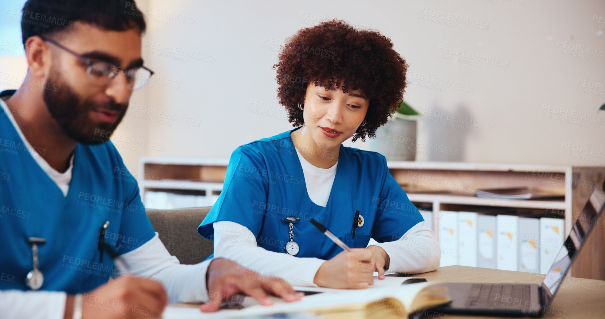 Buy stock photo Healthcare, students and doctors with test, medical school or studying for knowledge of diseases. Education, learning and people with info for physiology, assessment or skills for license in hospital