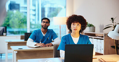 Buy stock photo Healthcare, doctors and woman with laptop, education or knowledge of diseases, studying or hospital. Online, student and people with info for medicine, learning or skill for license in medical school