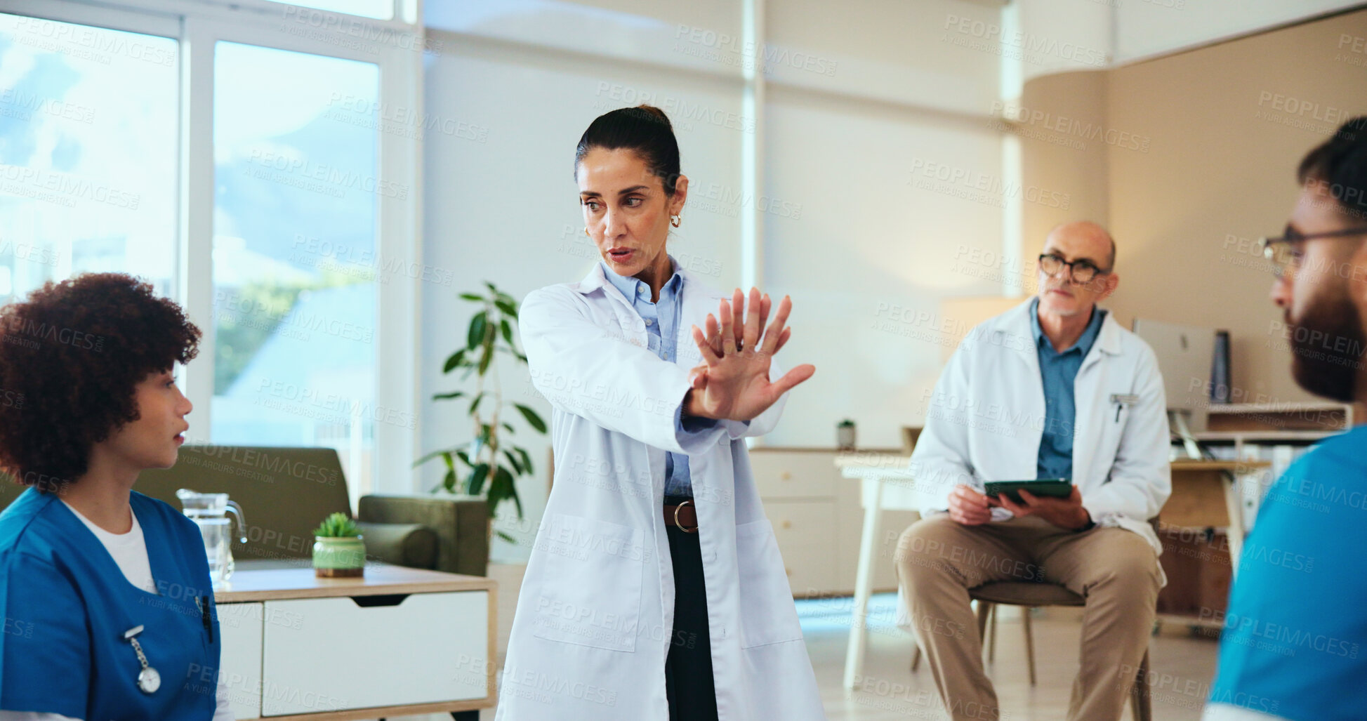 Buy stock photo Cpr training, doctor or teaching with hands for correct position, compression technique or instructions. Medical simulation, nurse or demonstration for emergency rescue, safety or first aid practical