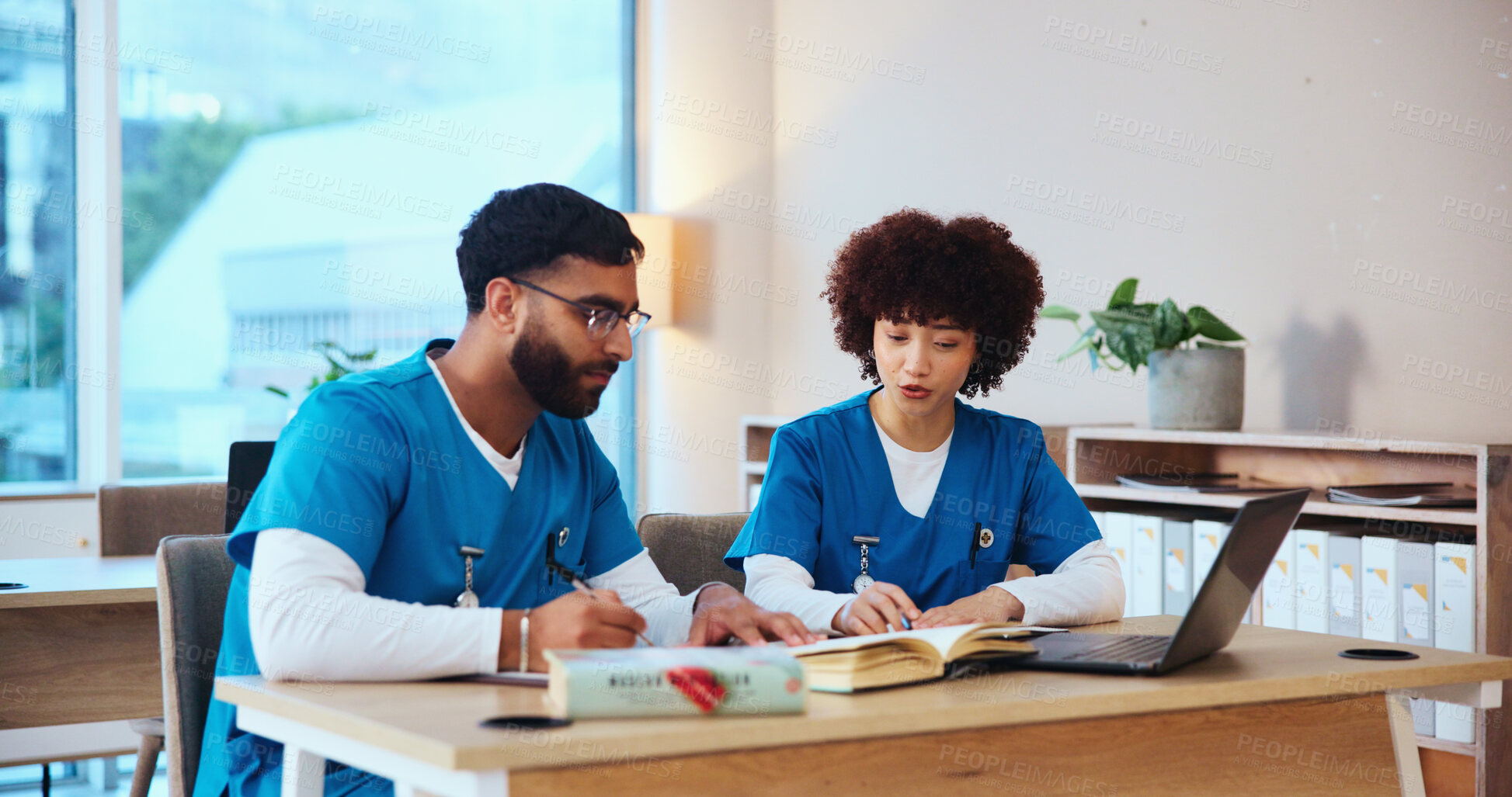 Buy stock photo Healthcare, learning and doctors with test, medical school or studying for knowledge of diseases. Education, students and people with info for physiology, assessment or skills for license in hospital