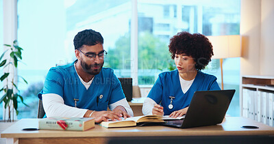 Buy stock photo Healthcare, education and doctors with test, medical school or studying for knowledge of diseases. Students, learning and people with info for physiology, assessment or skills for license in hospital