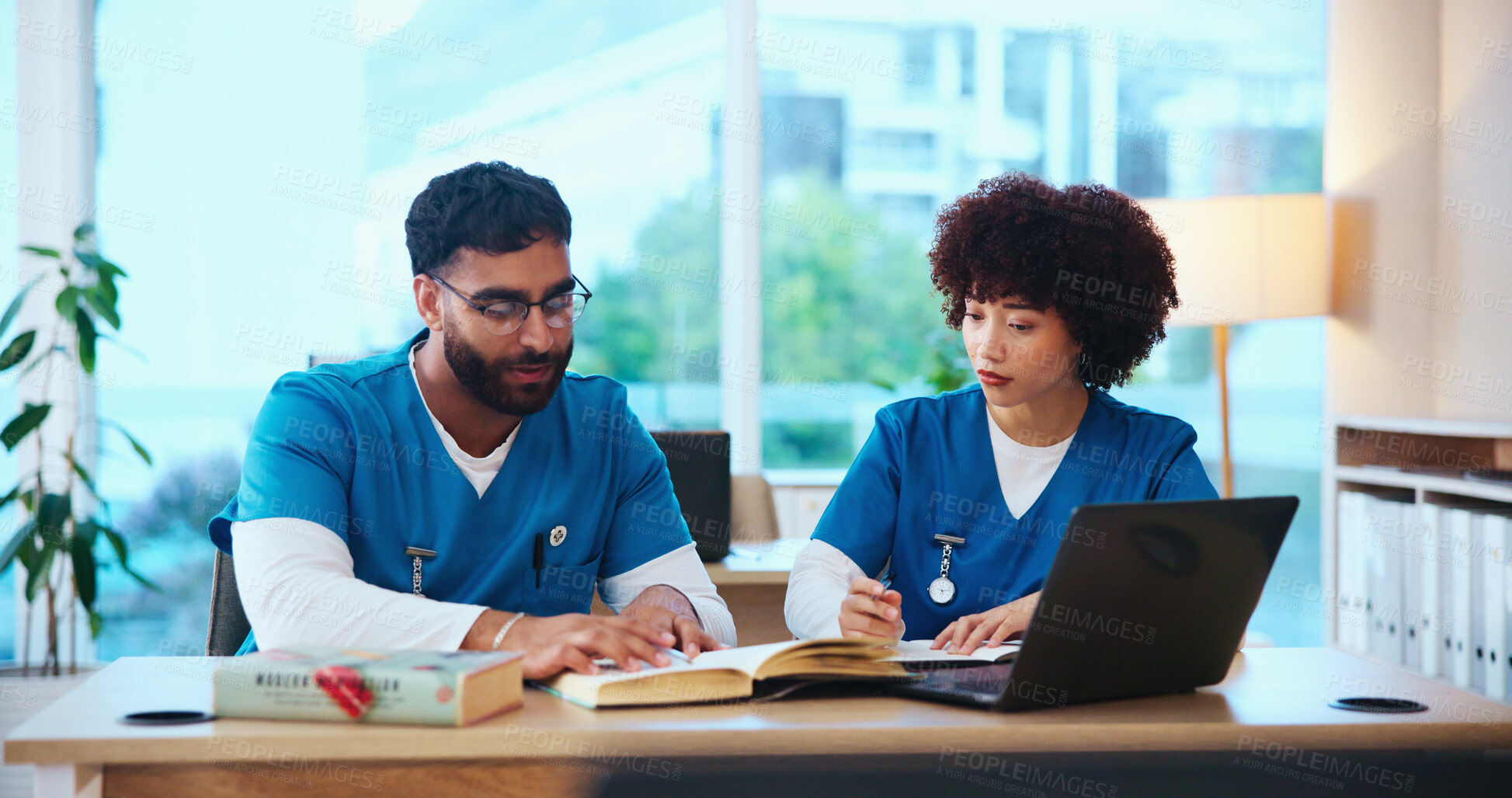 Buy stock photo Healthcare, education and doctors with test, medical school or studying for knowledge of diseases. Students, learning and people with info for physiology, assessment or skills for license in hospital