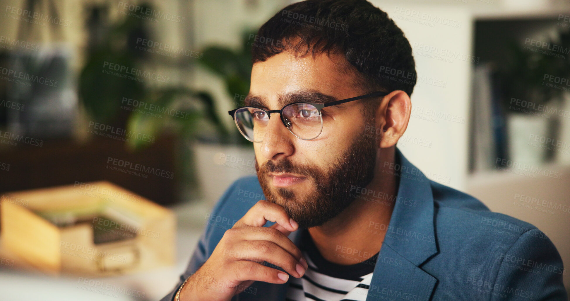 Buy stock photo Thinking, planning and idea with business man in office for art critic, blog article inspiration and reflection. Gallery opinion, writer and brainstorming review, person in media agency and vision