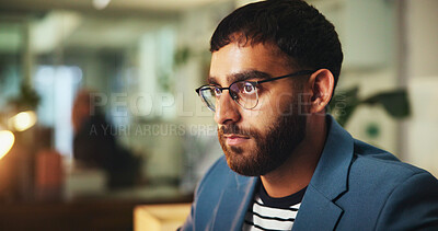Buy stock photo Vision, thinking and business man in office with creative insight, problem solving and deadline at night. Idea, solution and serious worker with reflection, mindset and editor planning in startup