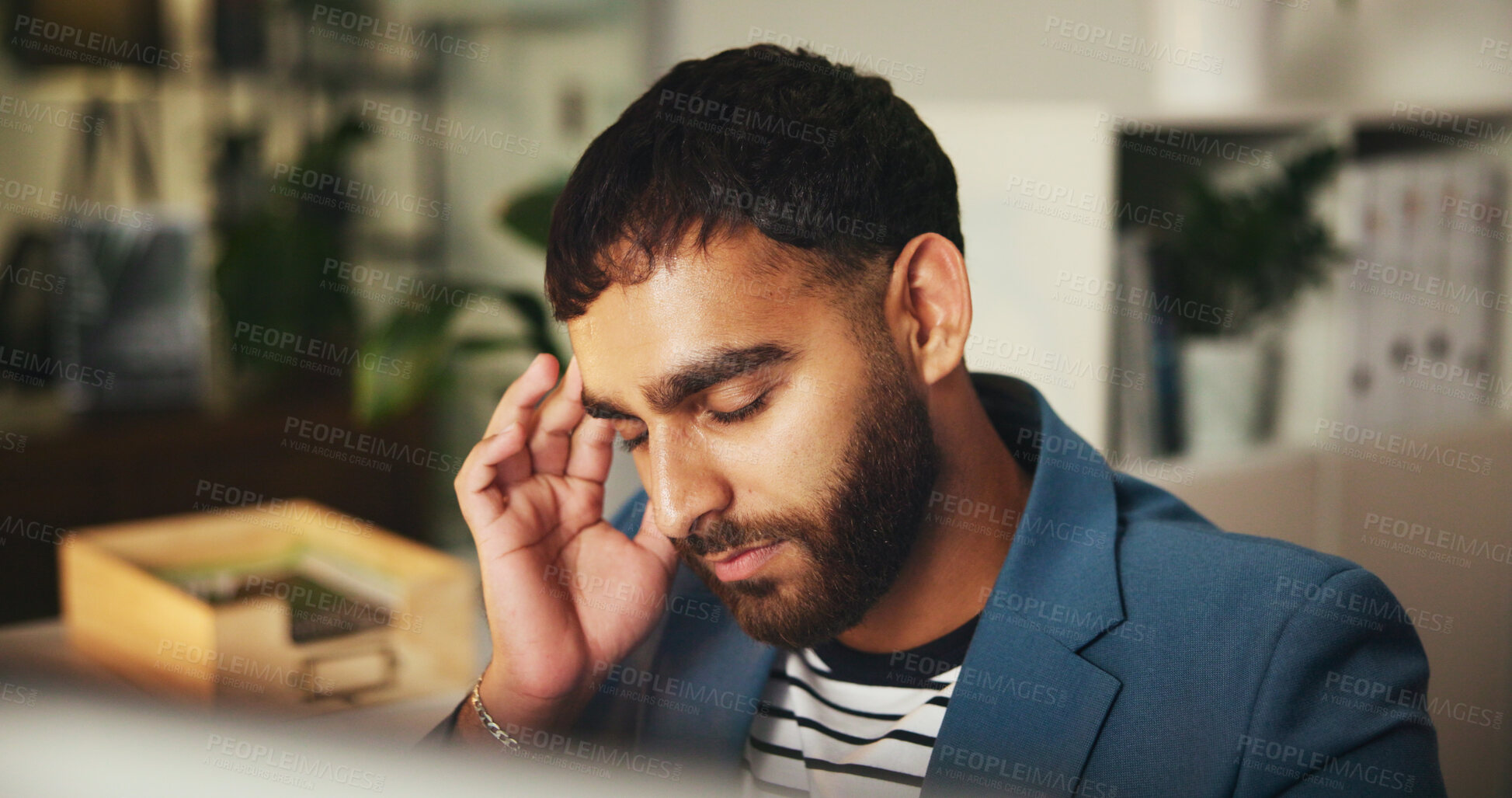 Buy stock photo Night, headache and man with stress in office for overtime or submission pressure with fatigue. Overworked, exhausted or writer with migraine pain, burnout or project deadline at agency in journalism