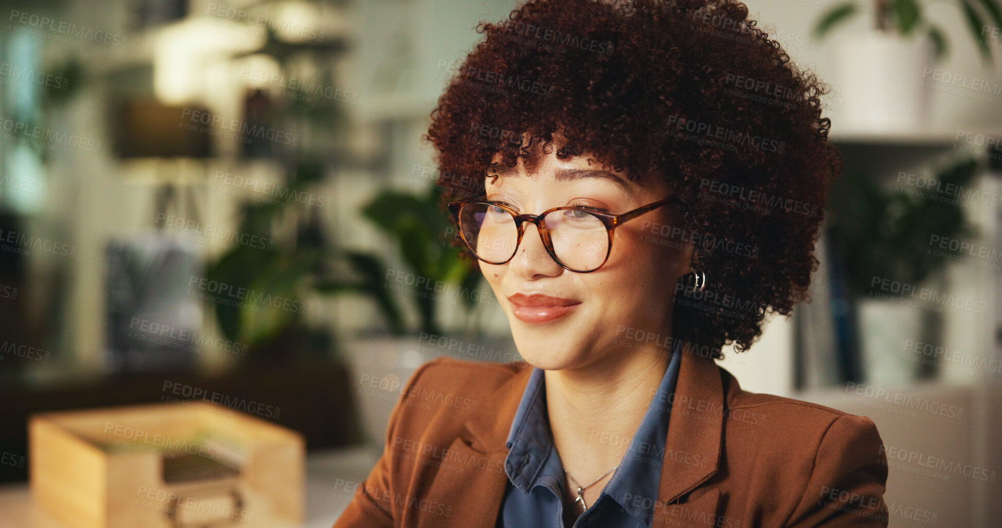 Buy stock photo Insight, thinking and business woman with creative vision, problem solving and deadline at night. Idea, solution or happy worker with reflection, planning and sustainability consultant in startup