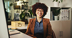 Portrait, smile and woman with glasses, office or paralegal in law firm, confident or working late. Night, professional and legal assistant in business for justice, corporate or happy for case in USA
