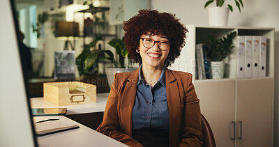 Buy stock photo Portrait, smile and woman with glasses, office or paralegal in law firm, confident or working late. Night, professional and legal assistant in business for justice, corporate or happy for case in USA