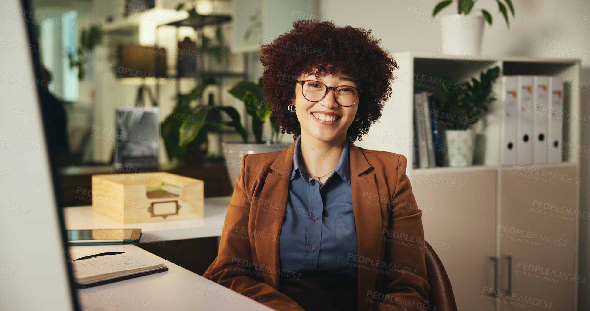 Buy stock photo Portrait, smile and woman with glasses, office or paralegal in law firm, confident or working late. Night, professional and legal assistant in business for justice, corporate or happy for case in USA