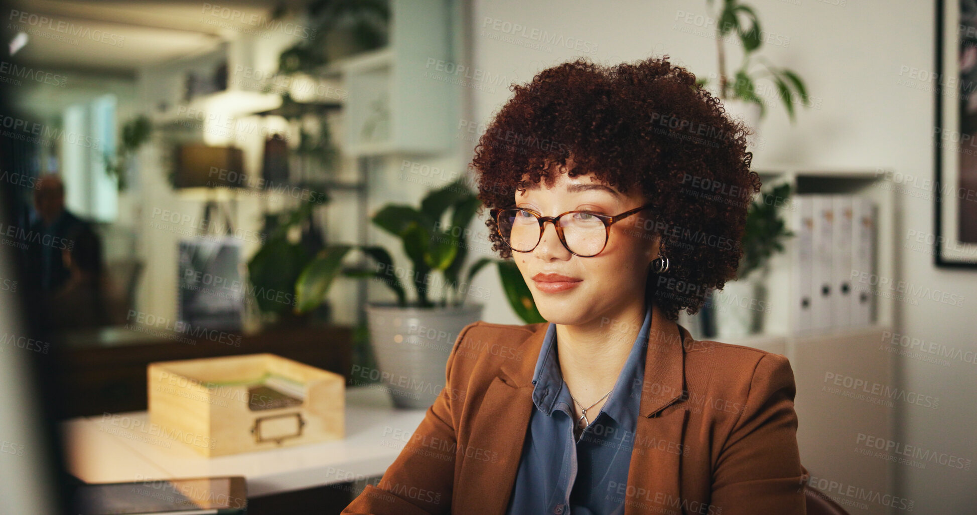 Buy stock photo Computer, research and reading with business woman in office for sustainability consultant, planning and report. Environmental audit, corporate social responsibility and energy solutions with person