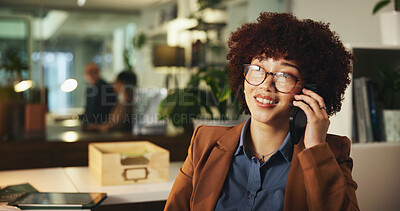 Buy stock photo Phone call, smile and business woman in office for schedule update, contact or lead generation. Mobile, sales broker or worker in communication, network or listen to client quote on overtime at night