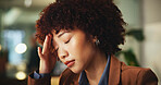 Night, headache or woman with stress in office for overtime or submission pressure with fatigue. Overworked, exhausted or writer with migraine pain, burnout or project deadline in journalism agency